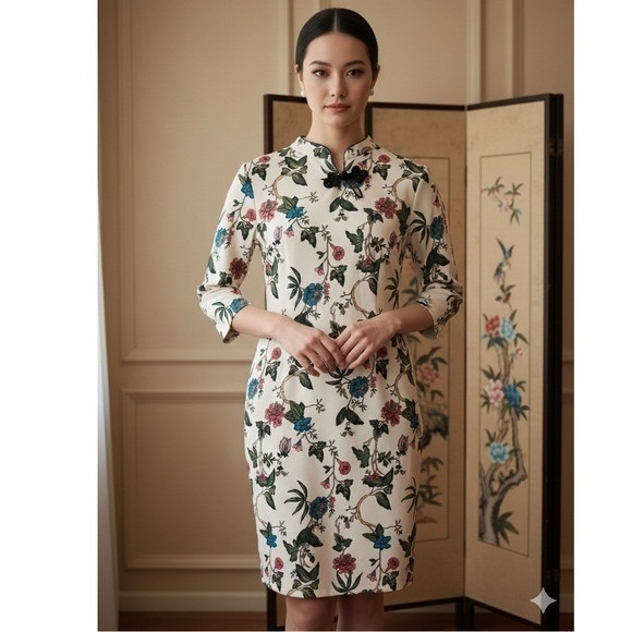 CKLASS Dresses & Skirts - CKLASS‎ Cream Floral Mandarin Collar Frog Button Sheath Dress 3/4 Sleeve